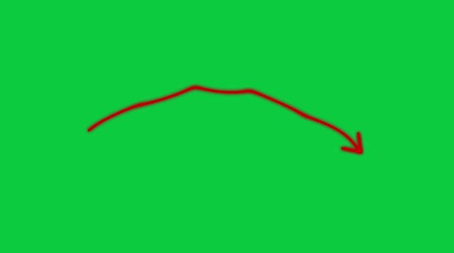 Red curved arrow sketching lines on vibrant green screen background showing dynamic motion design elements