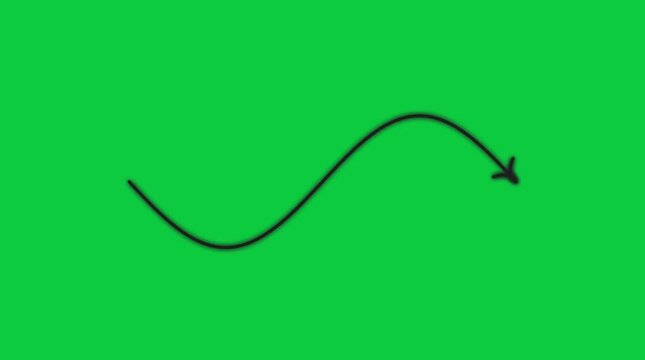 Black curved arrow drawing itself continuously on smooth bright green chroma key screen background
