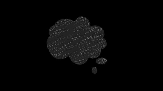 Hand drawn think bubble sketch doodle icon on black background with rough chalk animation style