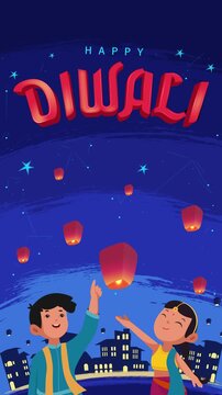 Colorful Diwali Festival Animation with Happy Diwali Typography, Fireworks, Floating Lanterns and People Celebrating at Night in an Indian City, 4K. Indian Festival of Lights Motion Graphic 