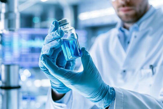 製薬ラボで青い液体のバイアル瓶を確認する白衣の研究者、最先端のバイオテクノロジー医療背景素材