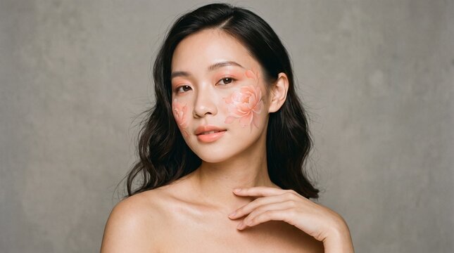 Woman touching collarbone with peach peony makeup