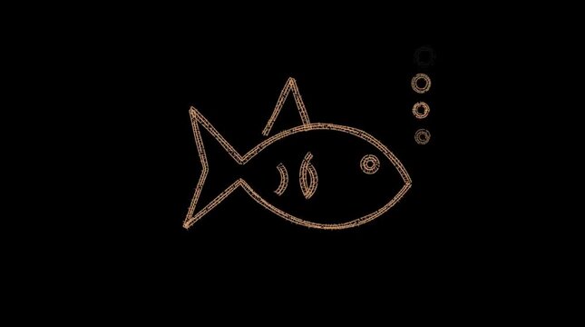 Simple orange outline drawing of a fish blowing bubbles isolated against a dark black background