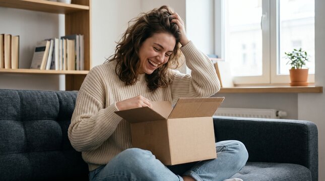 Excited young woman opening cardboard box package on couch at home, happy customer online shopping delivery
