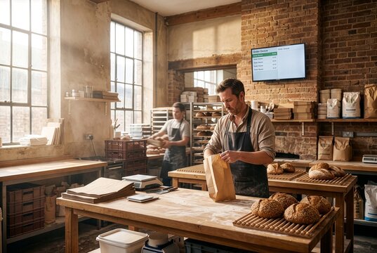 Baker Packing Fresh Artisan Bread in Paper Bag Inside Rustic Bakery