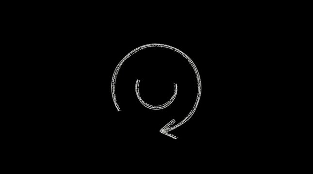 Glowing white circular loading arrow spinning endlessly against deep black studio background digital motion graphic