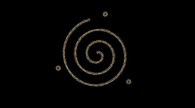 Golden glowing magical spiral rotating against dark black background with mystical glowing particles floating around softly