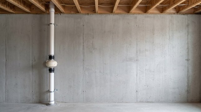Radon mitigation vent pipe with inline fan on concrete basement wall with copy space