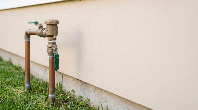 Brass backflow preventer valve on copper pipes beside house wall and green lawn