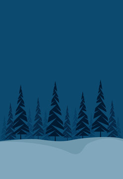 Winter forest landscape with dark blue pine trees and snow