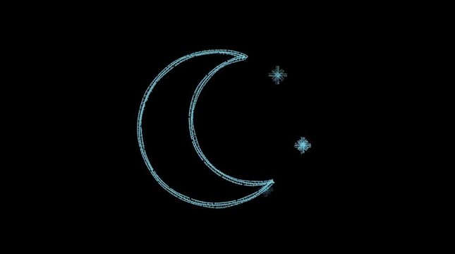Glowing blue wireframe crescent moon and shimmering stars rotating against a dark cosmic background sky