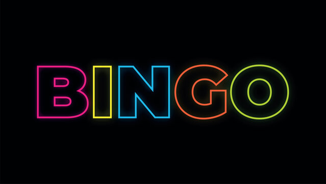 Bingo word glowing in colorful neon lights on black background