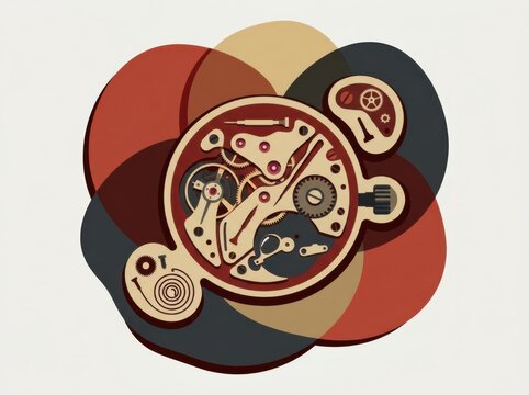 Timepiece Illustration with Mechanical Watch Movement and Abstract Geometric Layers