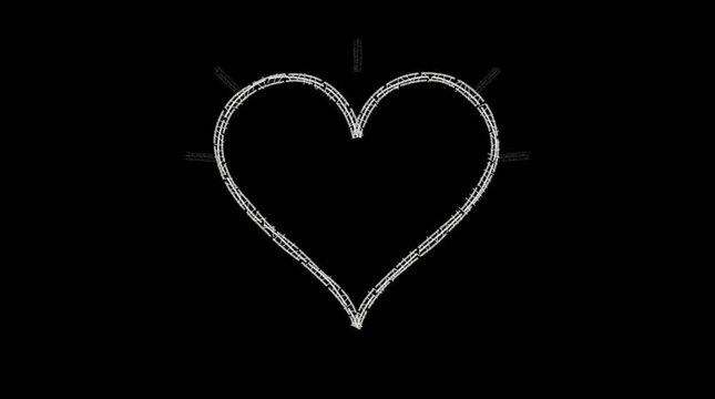 Glowing metallic heart shaped stage truss framing assembly rotating smoothly against dark black background environment
