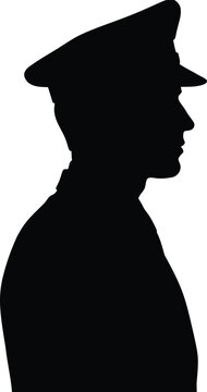 Military officer silhouette in profile, black vector man in uniform with peaked cap, soldier or pilot head profile for memorial or recruitment
