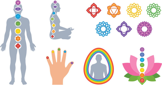 Human energy system vector collection featuring seven chakras points alignment aura rainbow lotus flower and meditation silhouettes
