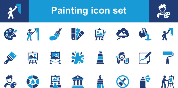 Painting and artwork solid icon set containing icons for paint palette, paintbrush, color swatch, easel, paint roller, and spray can for art and design projects