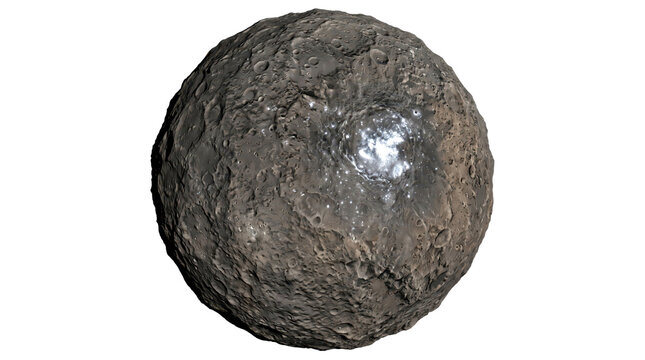Craters cover a rugged asteroid with a bright impact basin on transparent background. Outer space and planetary science concept. Astronomy, solar system and celestial body illustration.