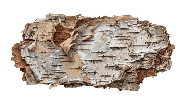 Rough layered birch bark with peeling papery surface on transparent background. Natural wood texture for rustic design. Forest material, organic pattern and tree bark resource.