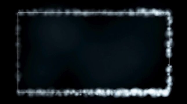 Glowing white neon border frame glowing softly against deep dark abstract background with glowing particles