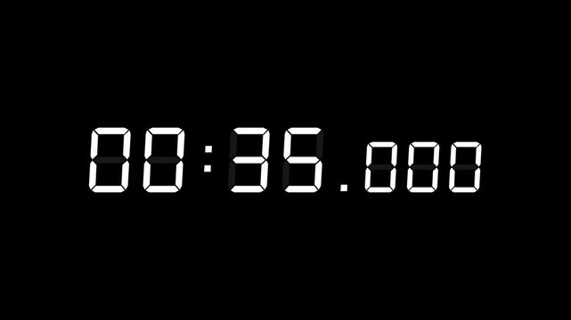 7 digits white digital countdown timer starting at 00:40:00 (40 seconds) on black background, featuring crisp seven-segment numerals with minutes, seconds, and milliseconds displayed prominently.