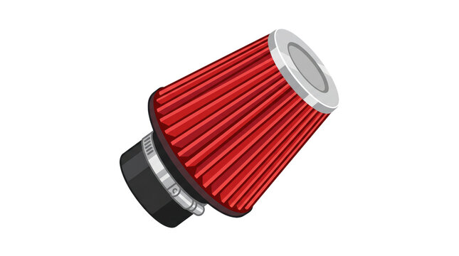 Red conical automotive air filter with ribbed intake and metal clamp on transparent background. Engine upgrade and replacement part. Vehicle maintenance and performance tuning.