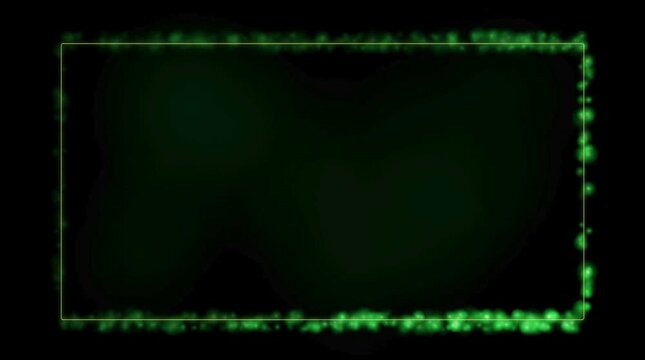 Glowing green neon particle frame border with abstract magical lights shining against a dark background
