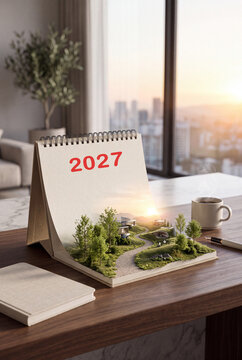 Calendario da tavolo 2027 con una pagina che diventa un paesaggio in miniatura con sentiero, alberi e case sostenibili, su una scrivania in legno e vista sulla citt&agrave; al tramonto.