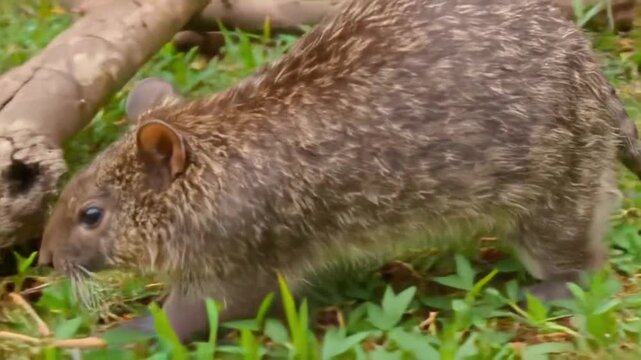 stocky wombat emerging from a burrow and walking through low green grass, sniffing the ground and pausing beside a fallen branch, ground-level tracking shot, detailed coarse fur. video