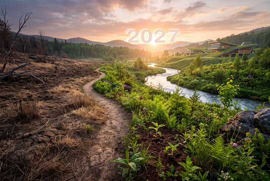 Paesaggio diviso tra terreno secco e bruciato e vegetazione rigogliosa con fiume, sentiero, germogli ed edificio sostenibile con tetto verde, sotto l'alba e la scritta 2027 nel cielo.
