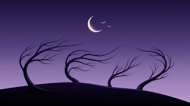 Spooky silhouette of bare trees blowing in the wind under a crescent moon for a halloween background