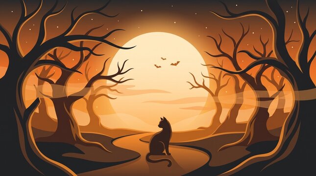 A mysterious black cat sitting on a path in a spooky forest during a glowing orange halloween sunset