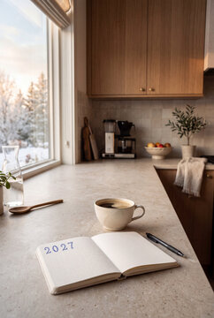 Tazza di caff&egrave; su un tavolo di legno con agenda con scritta 2027 e penna, accanto a una finestra con vista su un giardino coperto di brina all'alba, in una cucina grigia con piano in marmo