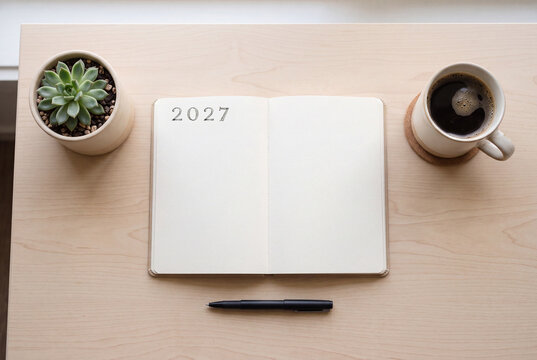 Vista dall'alto di una scrivania in legno chiaro con agenda aperta e pagine vuote con scritta 2027, tazza di caff&egrave;, pianta grassa in vaso e penna nera, con ampio spazio per testo.