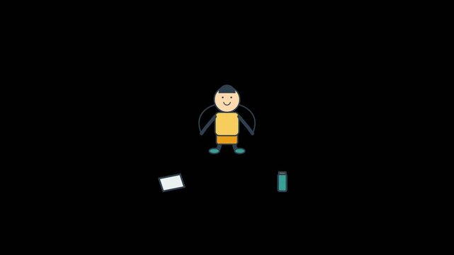 Cartoon character holding a broom, cleaning up a mess on black background