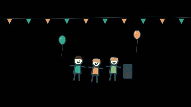 Animated friends dancing at a party with balloons and bunting