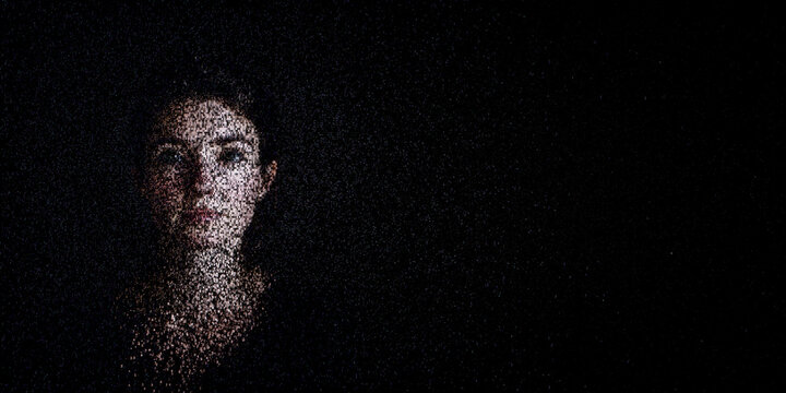 Digital ID Portrait of Irish Woman with Face made up of Code. Facial recognition Concept with copy-space.