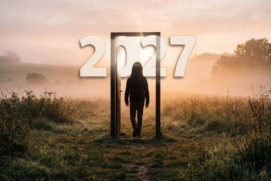 Silhouette di una persona che attraversa una porta isolata in un prato nebbioso all'alba, con luce dorata e rosata e il numero 2027 in grandi cifre bianche, concetto di nuovo inizio.