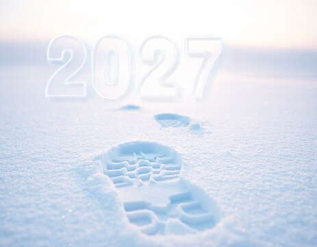 Primo piano di impronte di scarpe su neve fresca e luminosa che portano verso il numero 2027 in trasparenza, su sfondo chiaro e sfocato, simbolo di nuovo percorso e nuovo inizio.