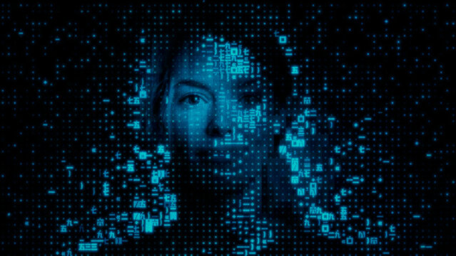 Digital Face dissolving into Code Fragments. AI Generated Persona Concept.