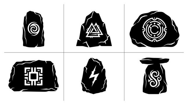 Ancient rune stones set with symbols and patterns for mythology illustrations