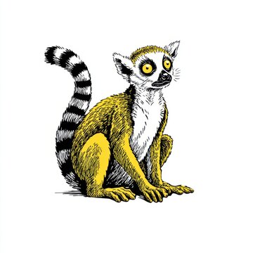 Stippled Art Illustration Of A Yellow Ring Tailed Lemur Isolated On A White Background