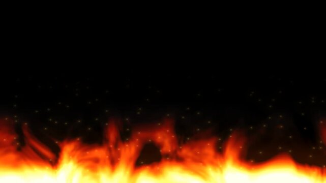 Bright fire flames burning along bottom border with glowing sparks on dark background overlay