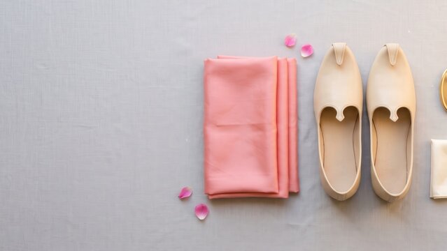 Indian Groom Wedding Accessories with Safa Turban and Mojari Shoes &ndash; Traditional Groomwear Flat Lay.