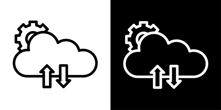 Cloud computing icon Cloud with gear and upload download arrows icon, Cloud computing settings line icon, Cloud server maintenance and configuration outline symbol, Data synchronization and cloud serv
