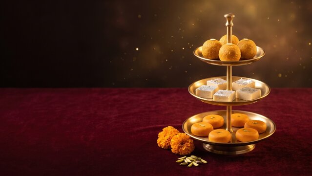  Assorted Indian Mithai on Three-Tier Brass Stand &ndash; Traditional Wedding Sweets Display.
