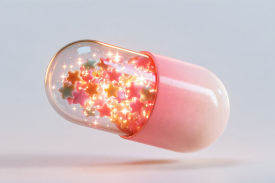 Cute 3D capsule pill splitting open with glowing colorful stars inside