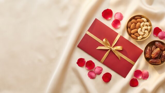  Blank Red Shagun Envelope with Dry Fruits and Rose Petals &ndash; Indian Wedding Gift Flat Lay.