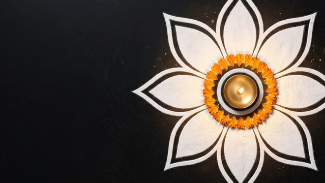 White Lotus Kolam Rangoli with Brass Diya &ndash; Traditional Indian Wedding Welcome Decoration.