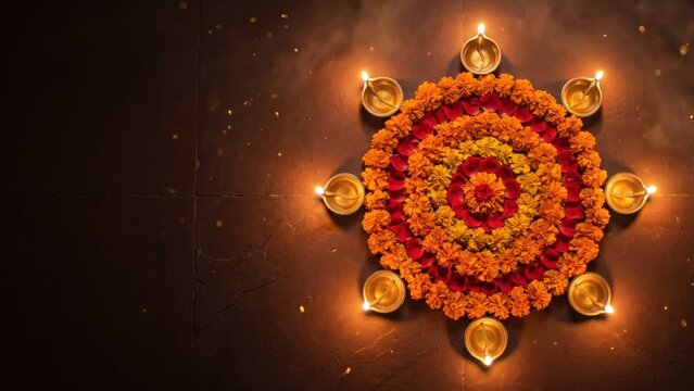 Eight Brass Diyas Around Floral Rangoli &ndash; Glowing Indian Wedding and Festival Decoration.

